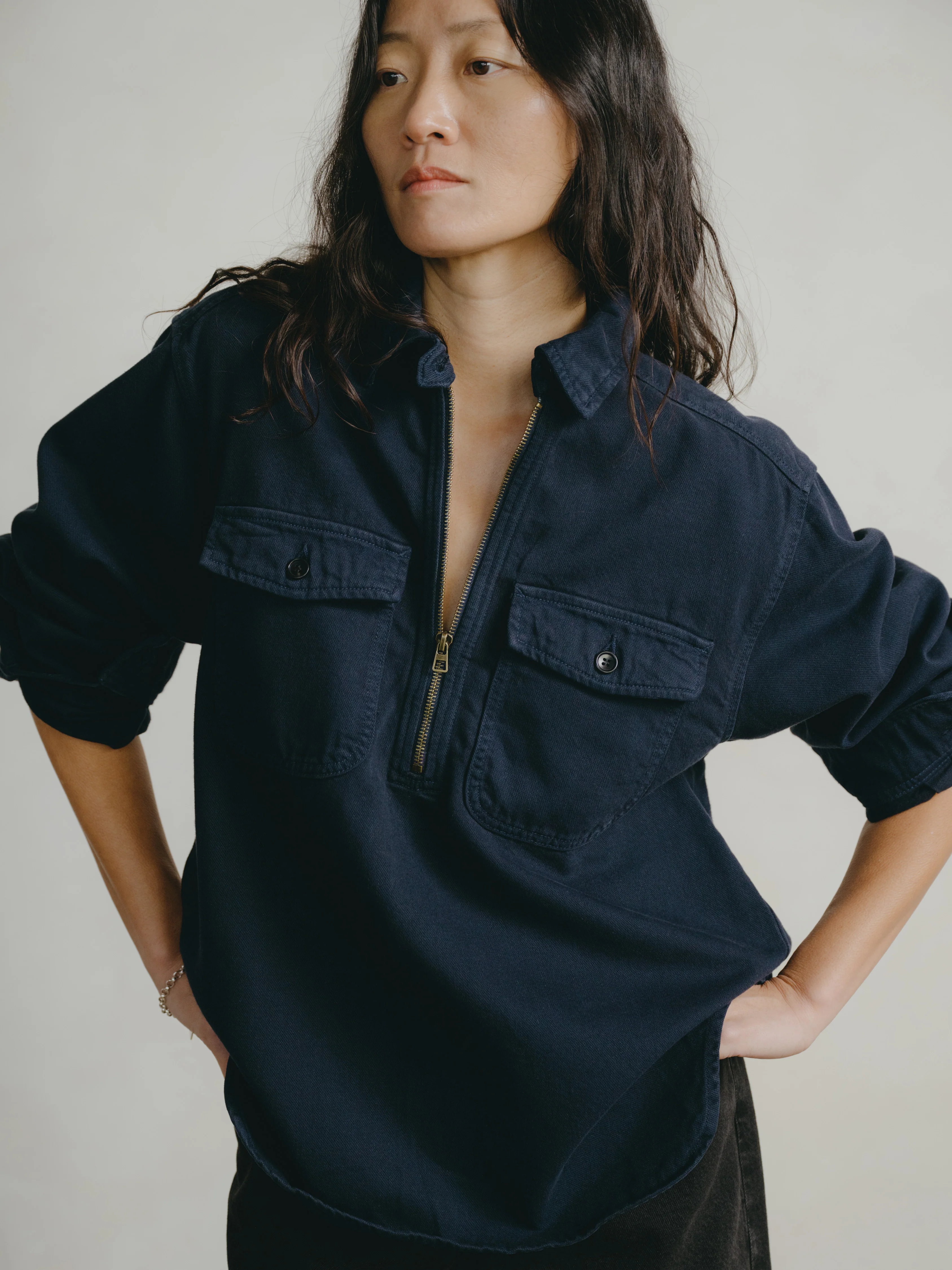 Women's S/S Round Pocket Tee - Black - Cotton Multi Wide Stripe Jersey